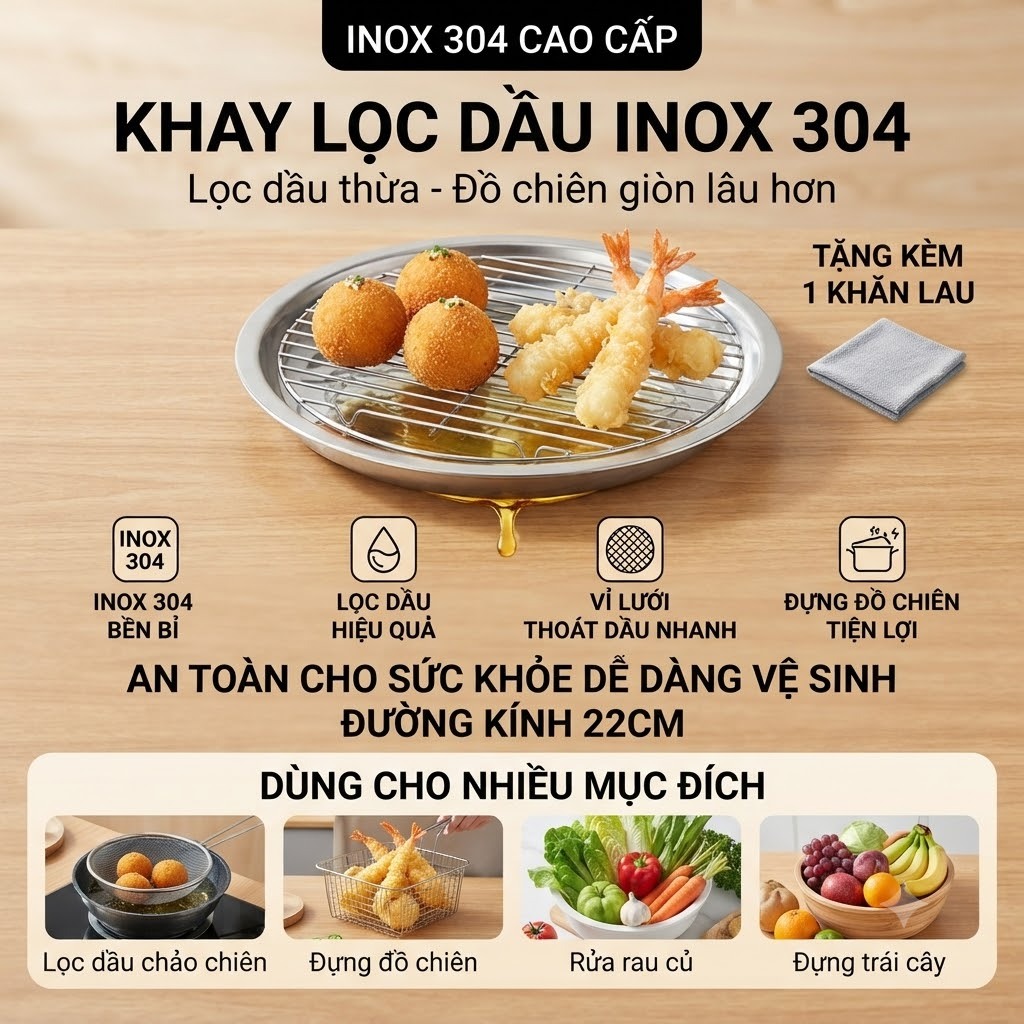 Bộ Khay Lọc Dầu Inox 304 22cm Kèm Vỉ Lọc Dầu Chiên Đa Năng Tặng Khăn Lau
