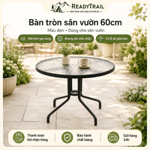 Bàn Tròn Kính Cường Lực Vân Sóng 5mm, Bàn Sân Vườn Ngoài Trời 60/80cm, Khung Sắt Đen