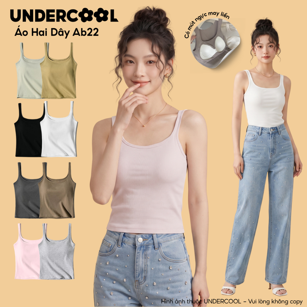 Áo Hai Dây Cotton UNDERCOOL Có Mút Ngực Tôn Dáng - Bra Ba lỗ nữ kèm mút mặc nhà LIVE AB22