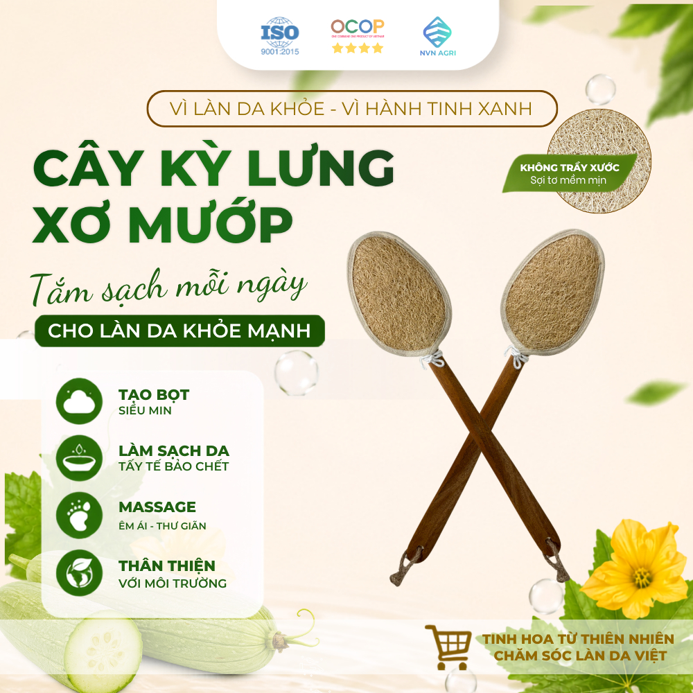 Cây Kỳ Lưng Xơ Mướp Tự Nhiên Cán Gỗ Viền Cotton Làm Sạch Da Xơ Mướp Tẩy Tế Bào Chết Massage Thân Thiện Môi Trường