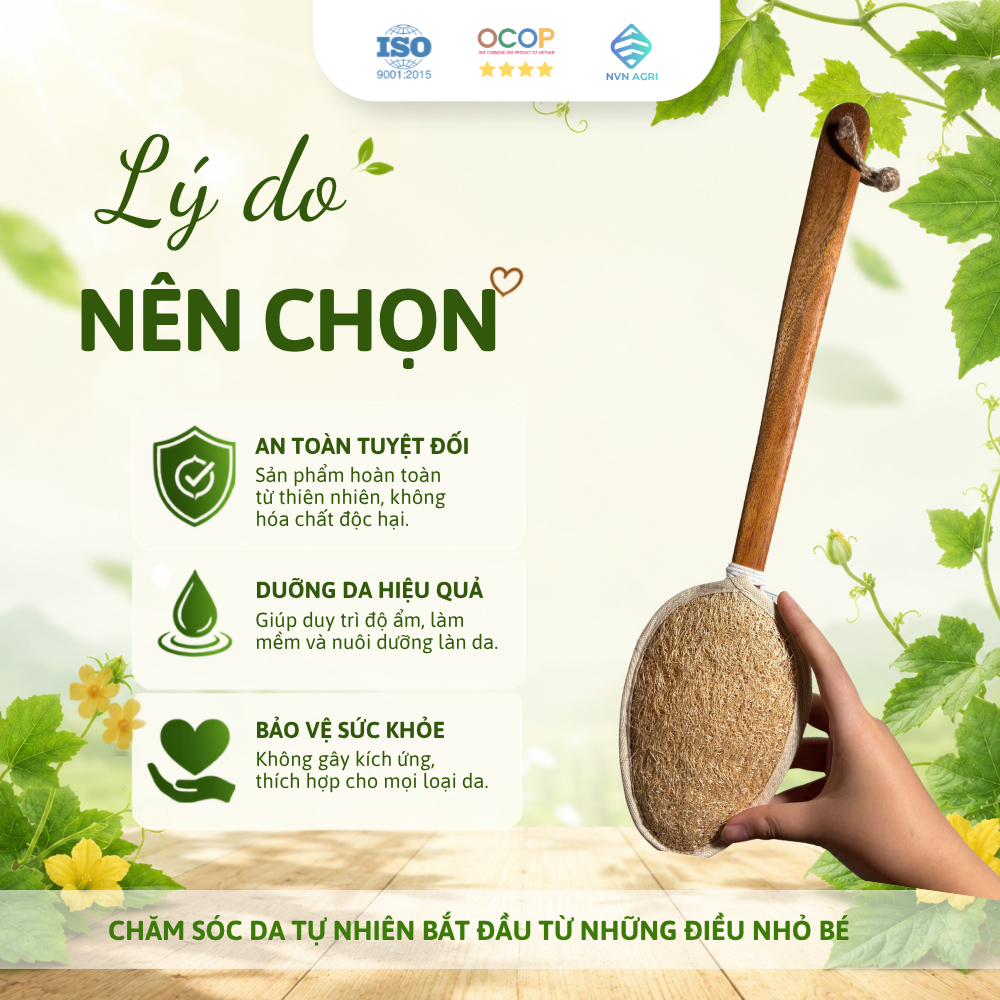 Cây Kỳ Lưng Xơ Mướp Tự Nhiên Cán Gỗ Viền Cotton Làm Sạch Da Xơ Mướp Tẩy Tế Bào Chết Massage Thân Thiện Môi Trường