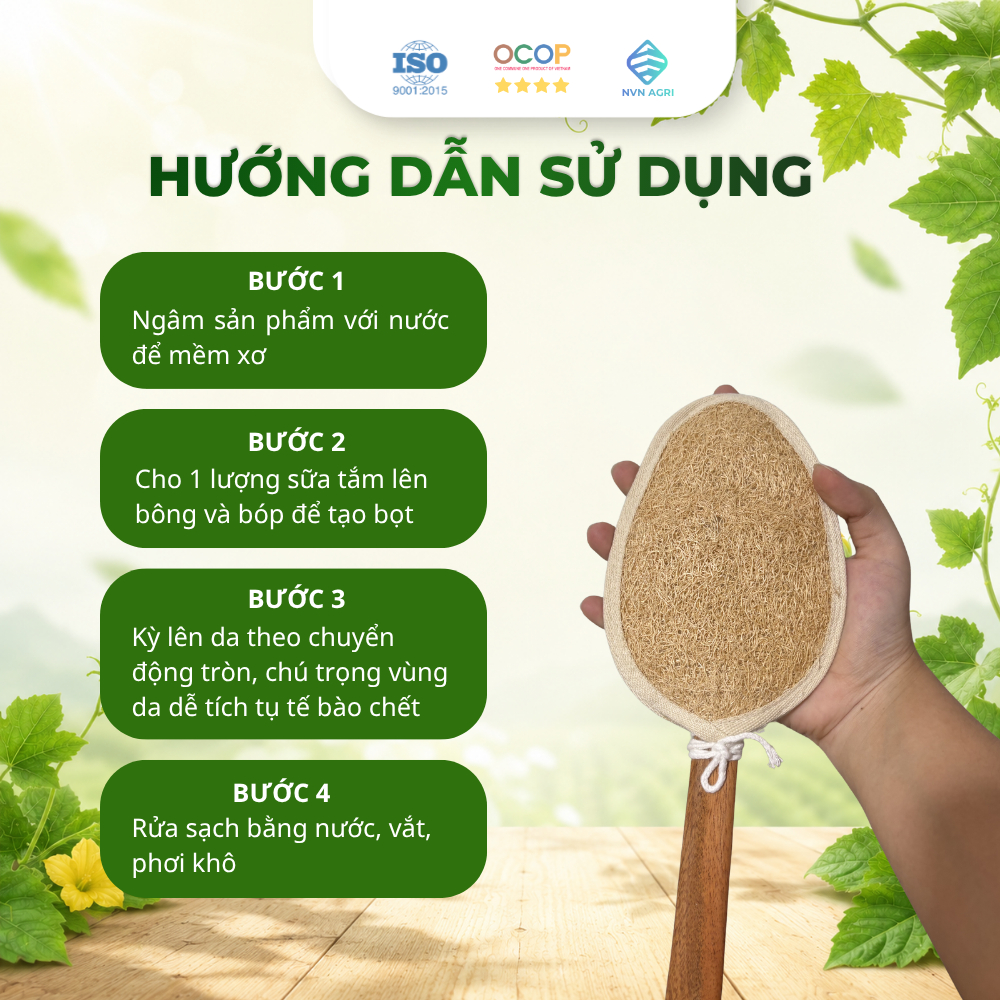 Cây Kỳ Lưng Xơ Mướp Tự Nhiên Cán Gỗ Viền Cotton Làm Sạch Da Xơ Mướp Tẩy Tế Bào Chết Massage Thân Thiện Môi Trường