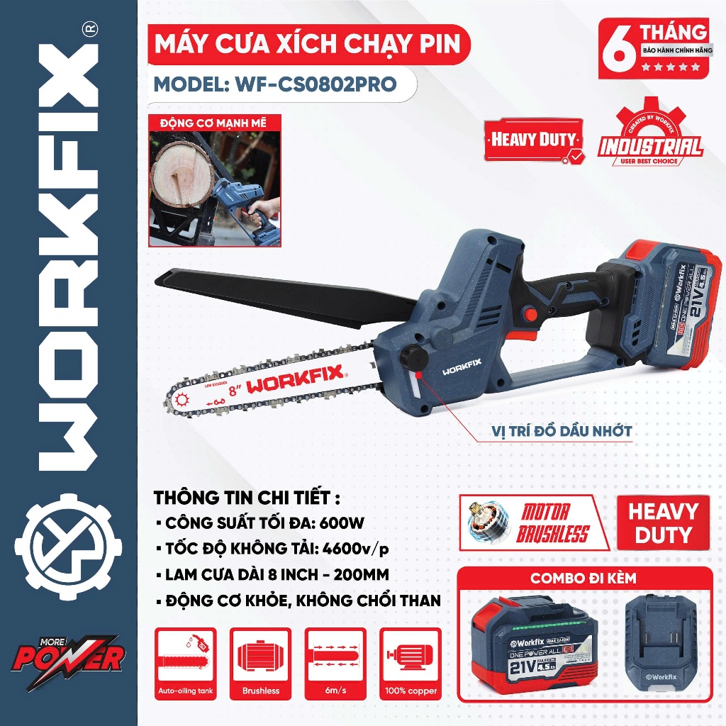 Máy cưa xích dùng pin WORKFIX WF-CS0802PRO, Công suất 600w, Lam xích 8inch, Có tra nhớt tự động