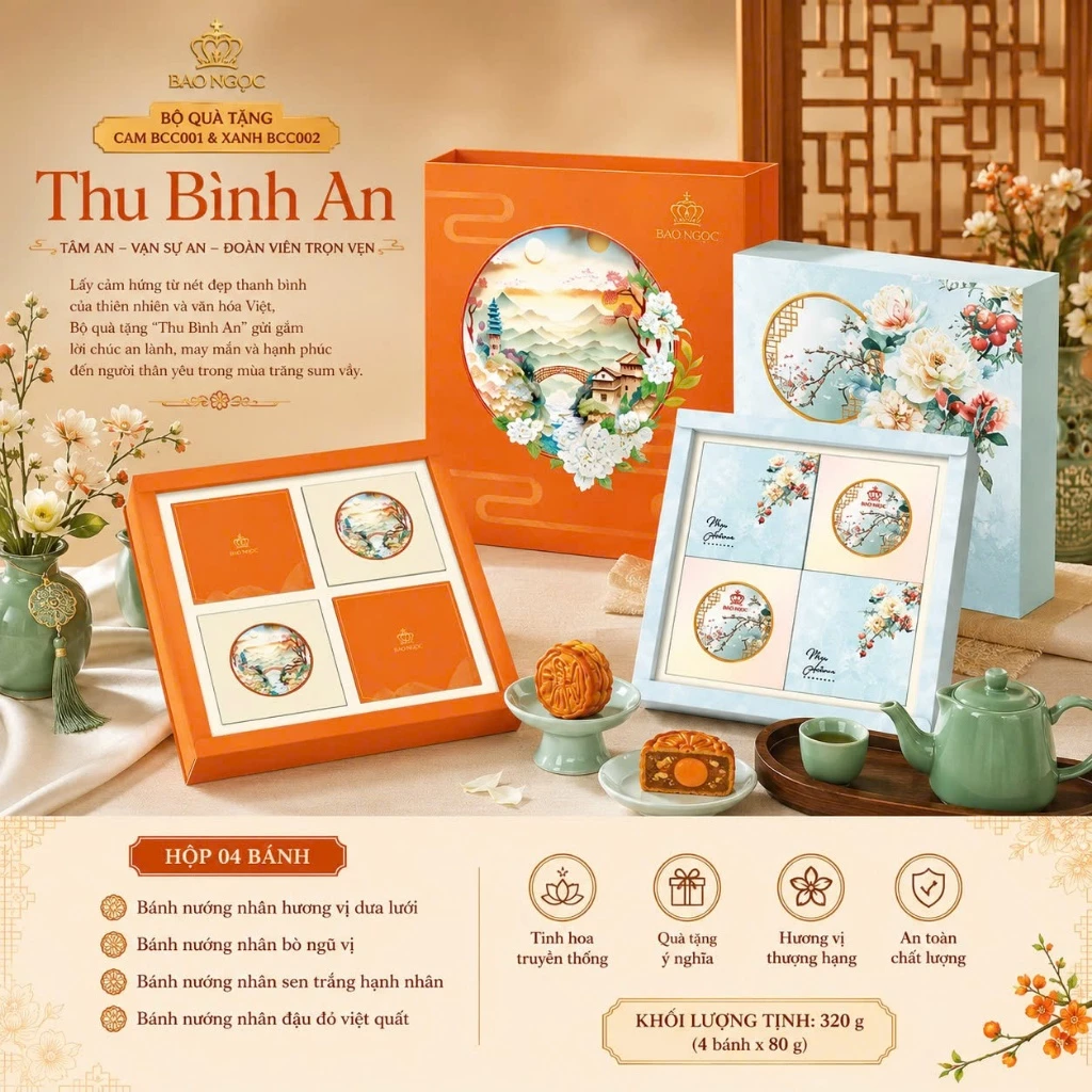 Set Bánh Trung Thu Cao Cấp Bảo Ngọc – Thu Bình An Xanh (Hộp 4 Bánh)