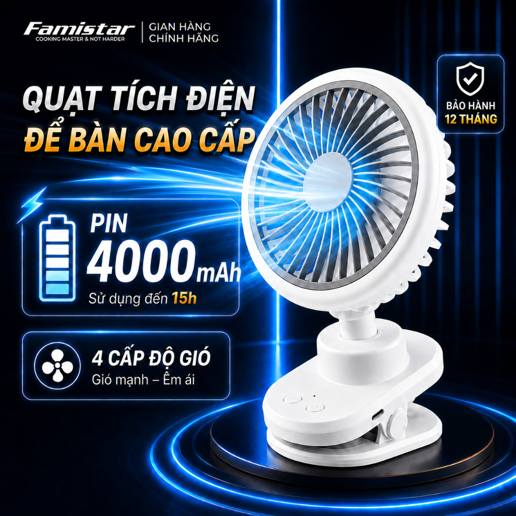 [BH 1 Năm - Xoay+Đèn led] Quạt Tích Điện Kẹp Bàn Êm Chống Ồn, quạt để bàn văn phòng, 6 cấp gió, Pin Thật FAMISTAR