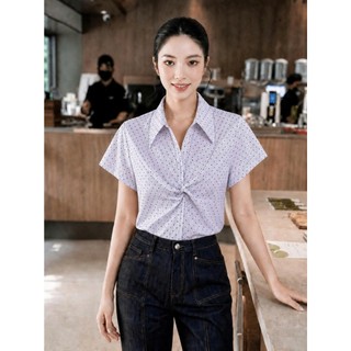 Áo Sơ Mi Nữ 𝐂𝐂𝐇𝐀𝐓 Dáng Suông Kiểu Tulip Họa Tiết Chấm Bi Trẻ Trung Chất Liệu Cao Cấp 16FNT9124ST
