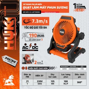 Quạt Dùng Pin Và Điện HUKAN G3-LMF190MM, Có Làm Mát Phun Sương, Tốc Độ Gió Tối Đa 7.3m/s, Lồng 190mm