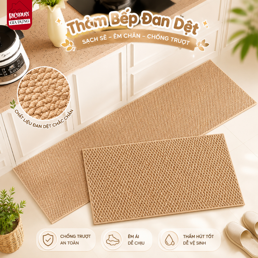 Set 2 Thảm Trải Sàn Bếp Sợi Dệt RICHOUSE Hút Nước Hút Dầu, Thảm Chùi Chân Nhà Bếp Chống Trượt