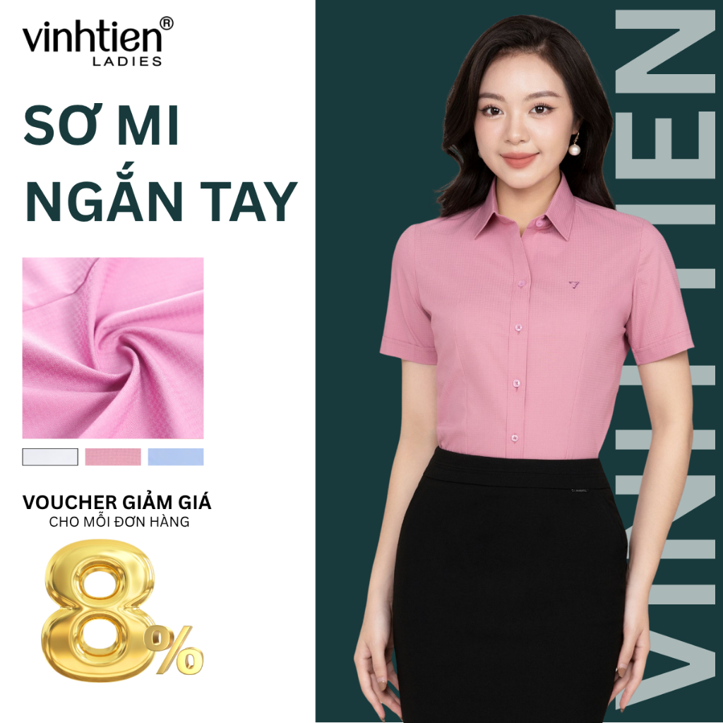 Áo Sơ Mi Nữ Ngắn Tay Vĩnh Tiến Ladies, Chất Liệu Bamboo, Họa Tiết Kẻ Ô In Chìm - GTB 469