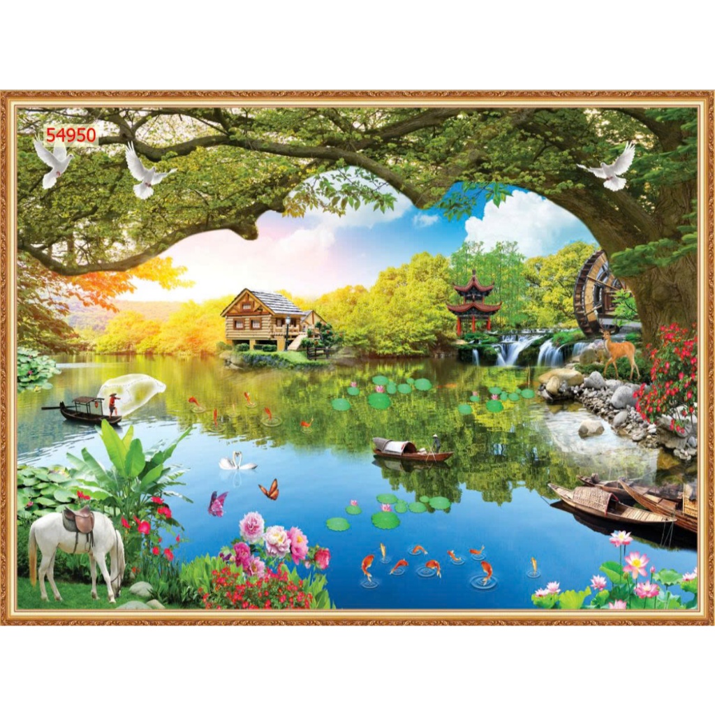 Mẫu tranh dán tường lụa 3D cao cấp chủ đề phong cảnh hồ nước hoa sen thơ mộng
