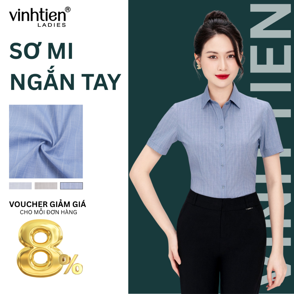 Áo Sơ Mi Nữ Ngắn Tay Công Sở Vĩnh Tiến Ladies, Chất Liệu Bamboo Sợi Tre Họa Tiết Kẻ Sọc - GTB 495