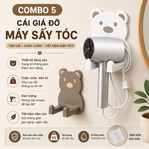Combo 5 Giá Treo Máy Sấy Tóc Dán Tường Hình Gấu Dễ Thương, Đa Năng Không Khoan Tường Kèm Chỗ Để Điện Thoại