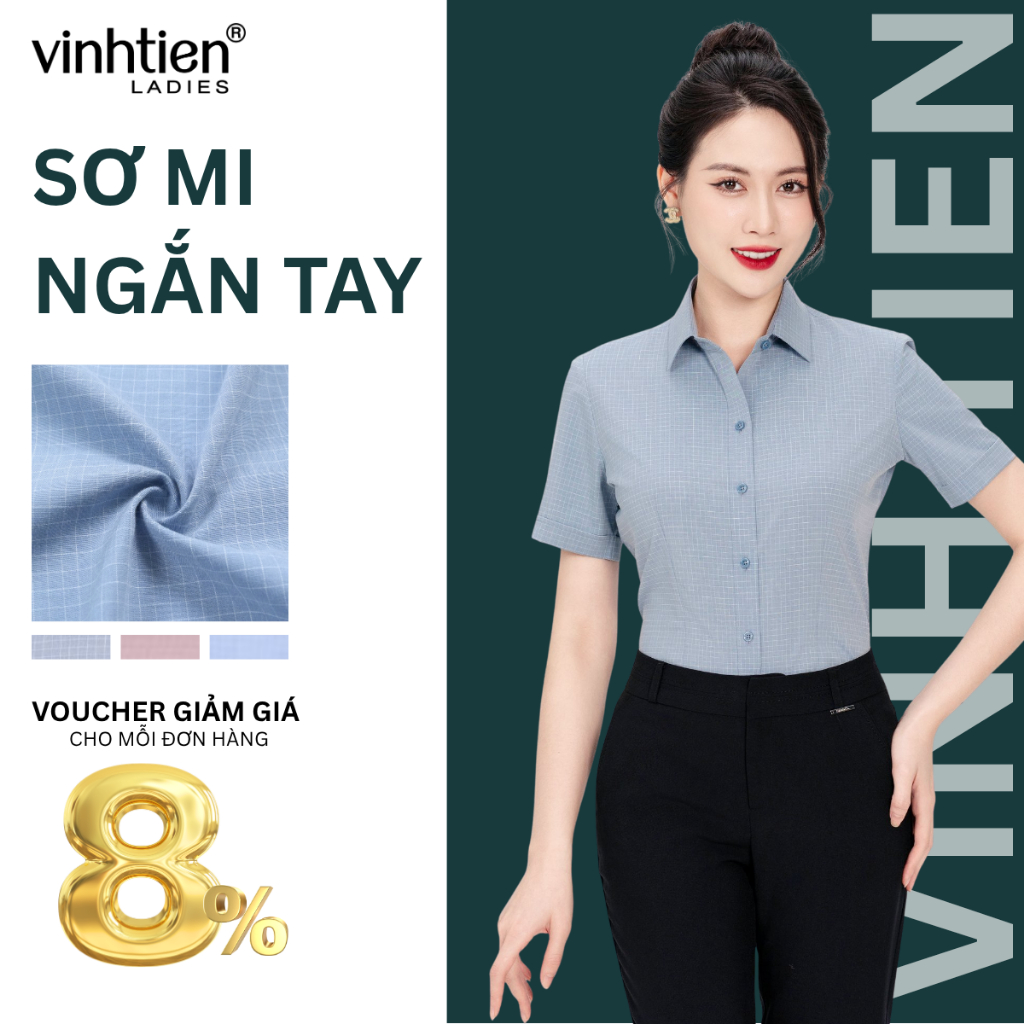 Áo Sơ Mi Nữ Ngắn Tay Công Sở Vĩnh Tiến Ladies, Chất Liệu Bamboo, Họa Tiết Kẻ Ô Vuông - GTB 495