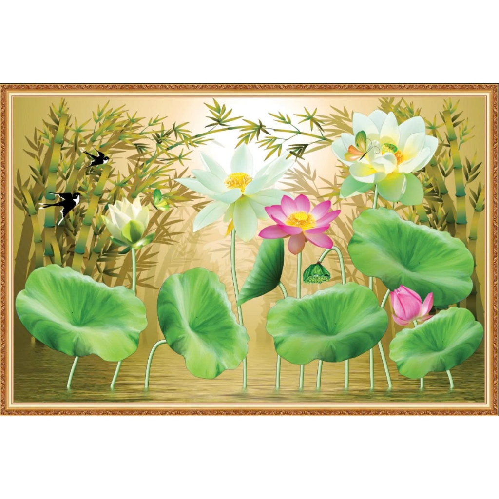 Tranh lụa 3D dán tường phong thủy cá chép hoa sen, cửu ngư quần hội