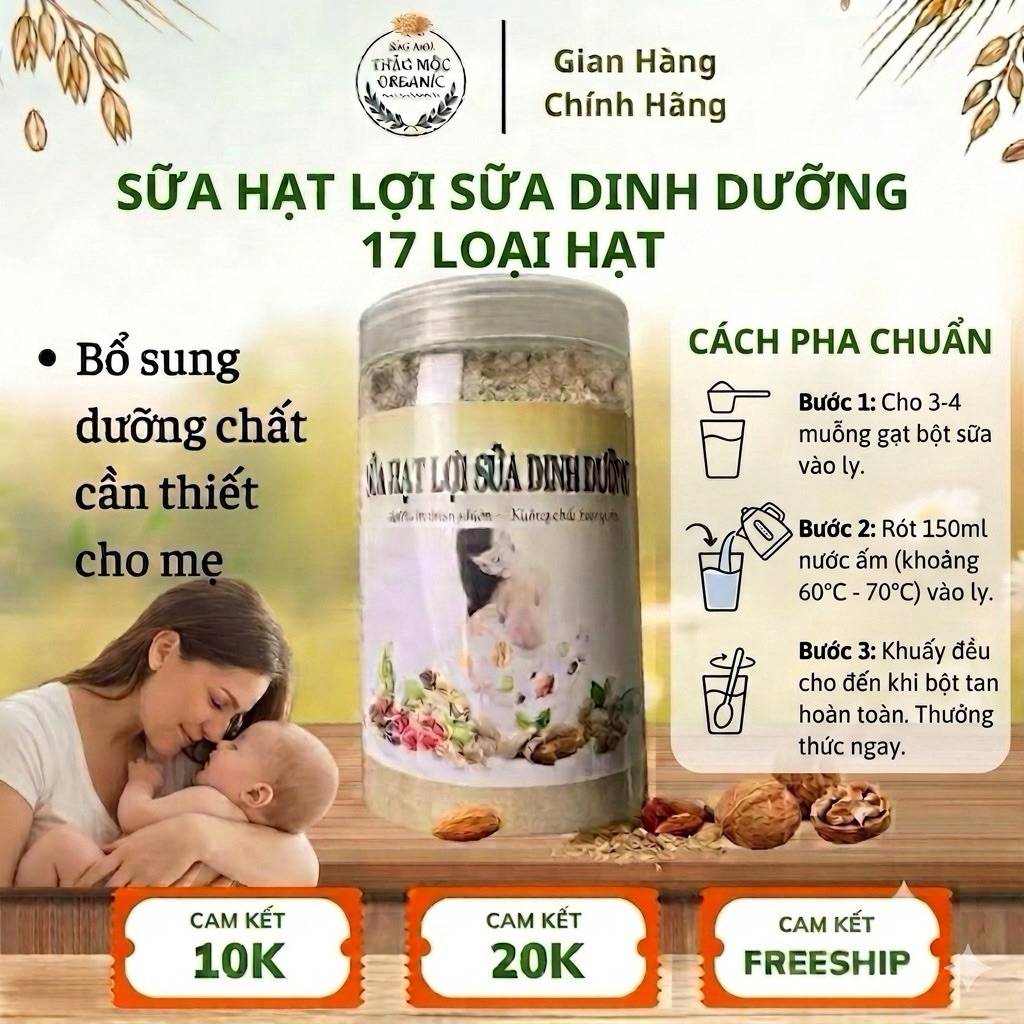 Bột Sữa Hạt Lợi Sữa Dinh Dưỡng 17 Loại Hạt Cho Mẹ Bầu Và Sau Sinh - Hũ 500g - Thảo Mộc Organic