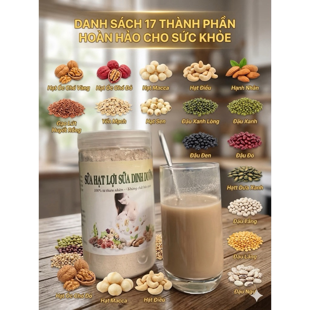 Bột Sữa Hạt Lợi Sữa Dinh Dưỡng 17 Loại Hạt Cho Mẹ Bầu Và Sau Sinh - Hũ 500g - Thảo Mộc Organic