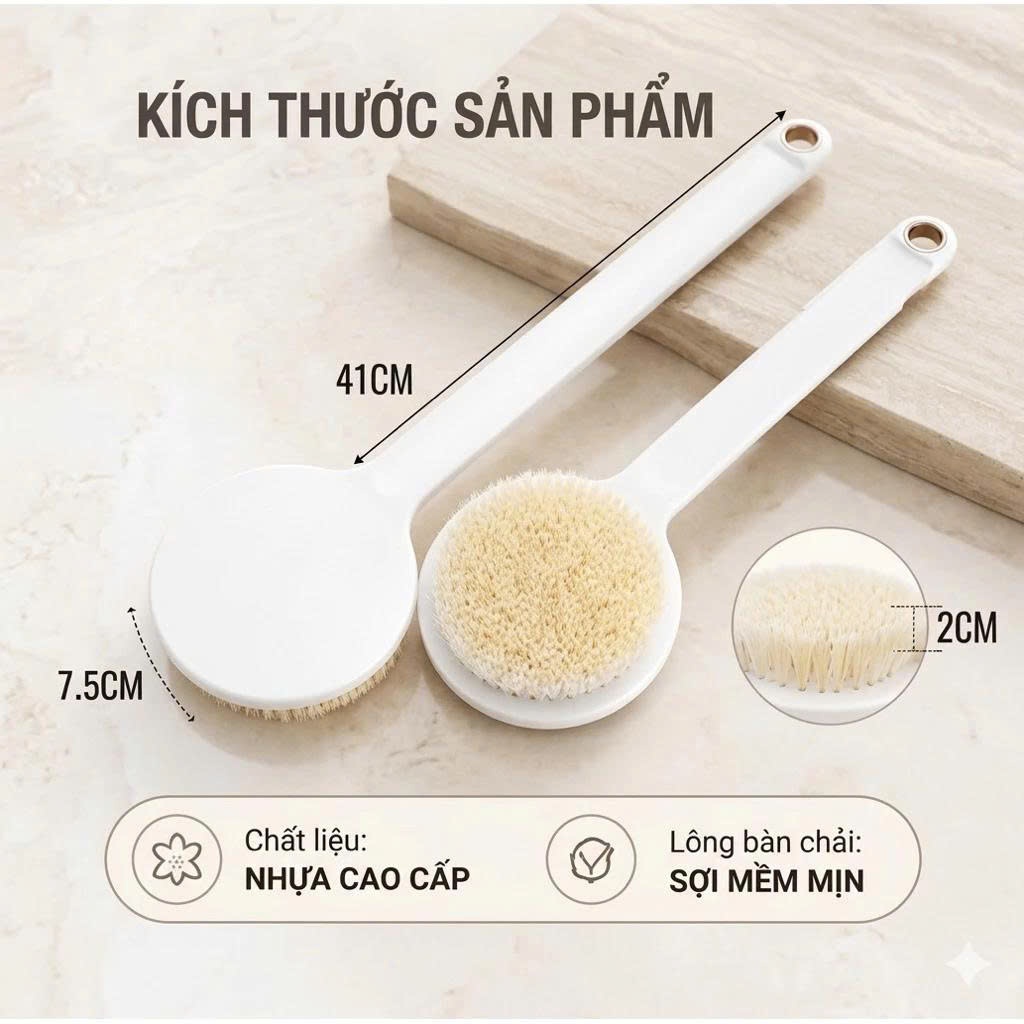 Bàn Chải Tắm Cán Dài Lông Mềm, Dụng Cụ Kỳ Lưng Chà Da Toàn Thân Làm Sạch Hiệu Quả