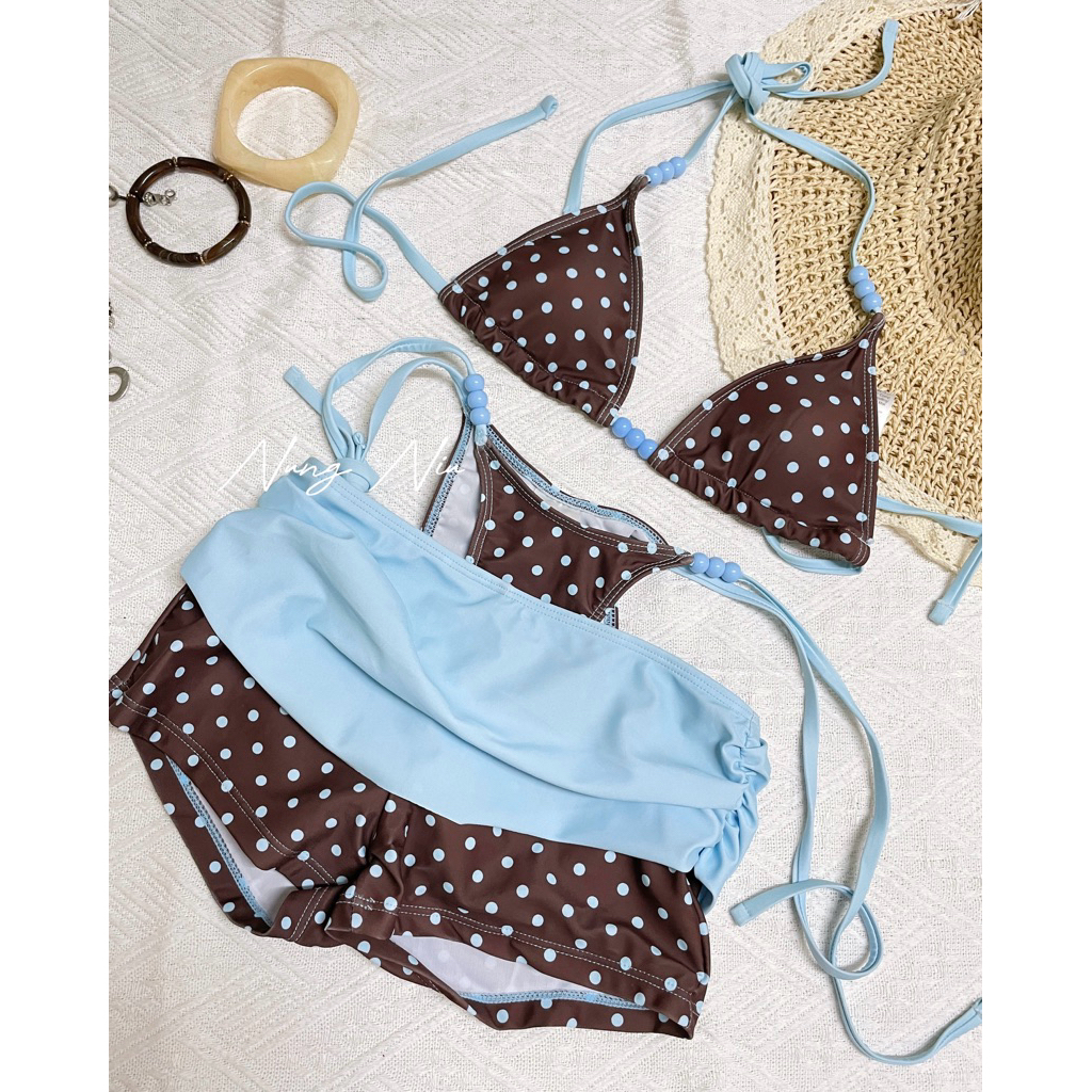 NUNG NIU - Sẵn xanh Xs, Set bikini 3 món chấm bi phối hạt trendy MỚI