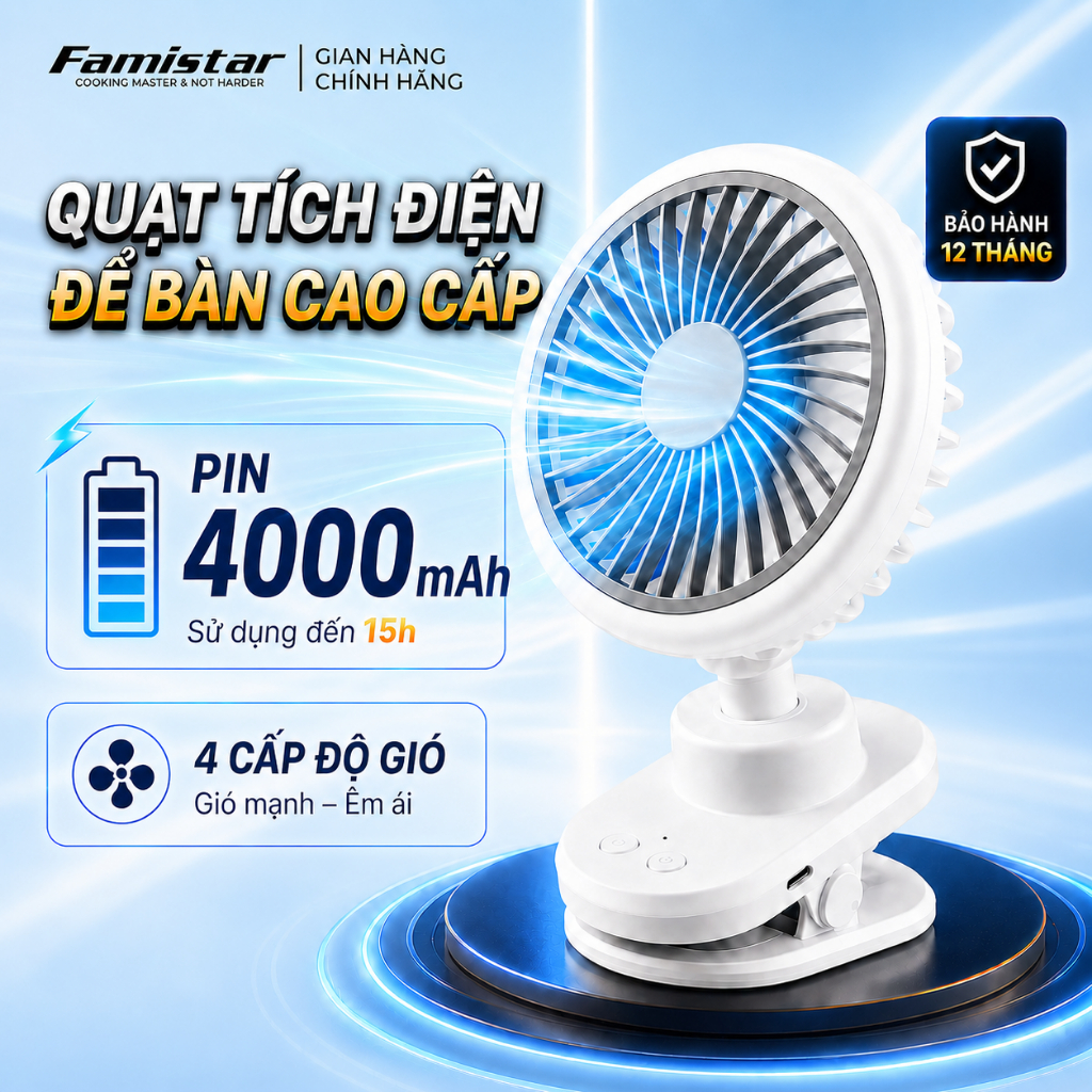 [BH 1 Năm - Xoay+Đèn led] Quạt Tích Điện Kẹp Bàn Êm Chống Ồn, quạt để bàn văn phòng, 6 cấp gió, Pin Thật FAMISTAR