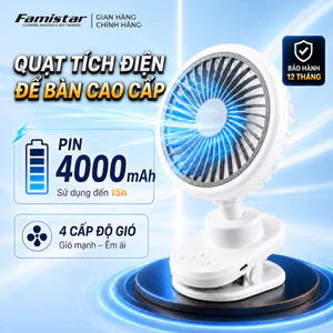 Quạt Tích Điện Kẹp Bàn Êm Chống Ồn, quạt để bàn văn phòng, 6 cấp gió, Pin Thật FAMISTAR