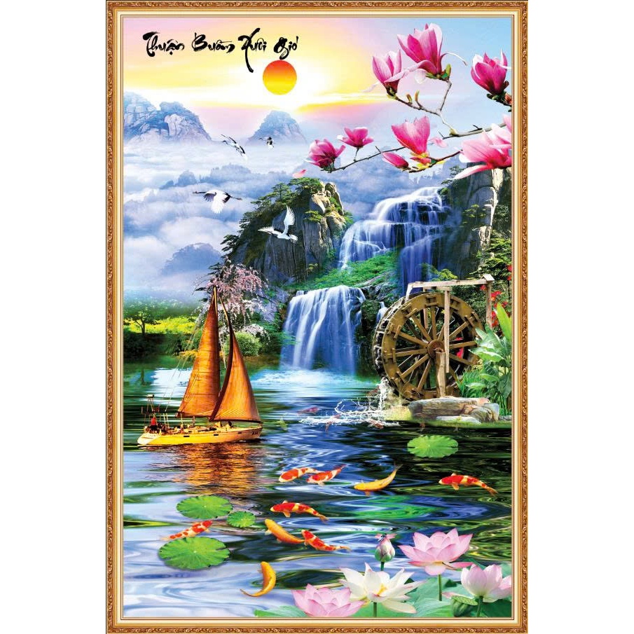 Mẫu tranh lụa dán tường 3D cao cấp phong cảnh sơn thủy hữu tình đẹp. KHỔ DỌC