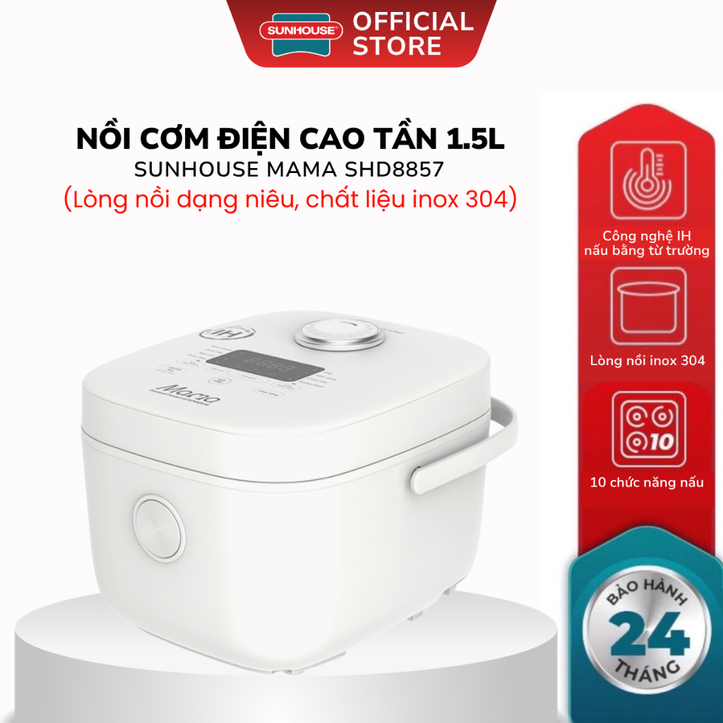 Nồi Cơm Điện Cao Tần 1,5L Sunhouse Mama SHD8857 - Bảo Hành 24 Tháng, Lòng Nồi Dạng Niêu Inox 304