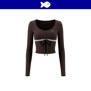 Áo nữ dài tay croptop ôm dáng DKMV thiết kế hàng ren trắng đan dây ruy băng đen logo cá màu nâu Posey Top | K-T68-N