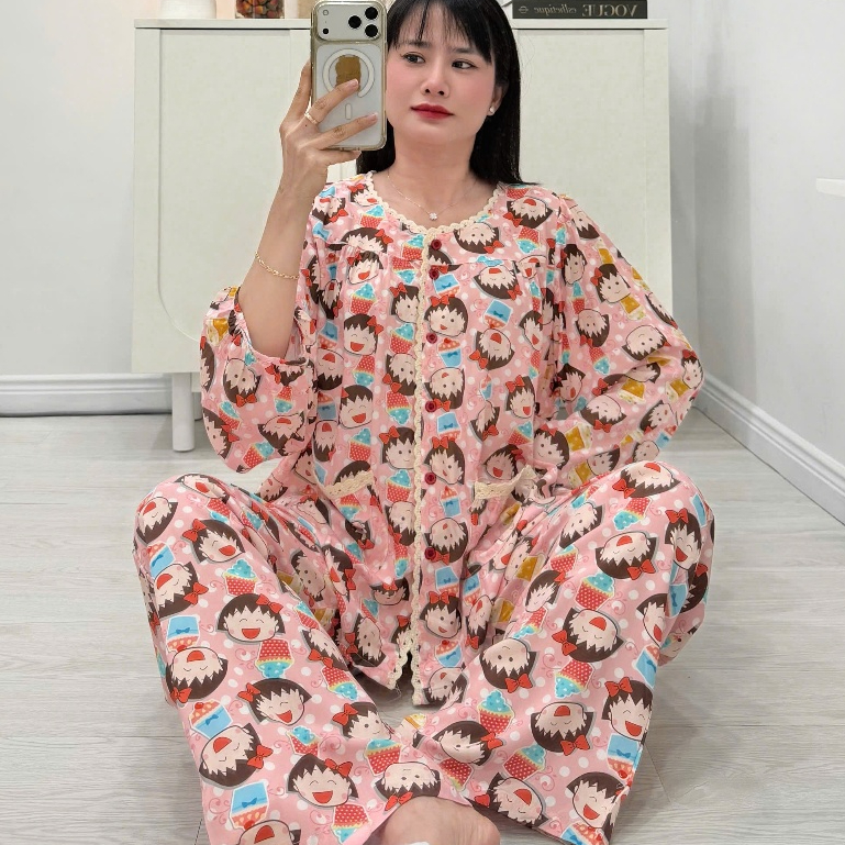(43-98kg) Bộ tole áo phối ren, quần dài suông, FORM TRỪ HAO - Nocnhamacdobo