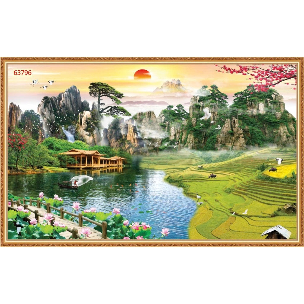 Tranh lụa 3D ruộng bậc thang mẫu mới, kèm keo và dụng cụ dán