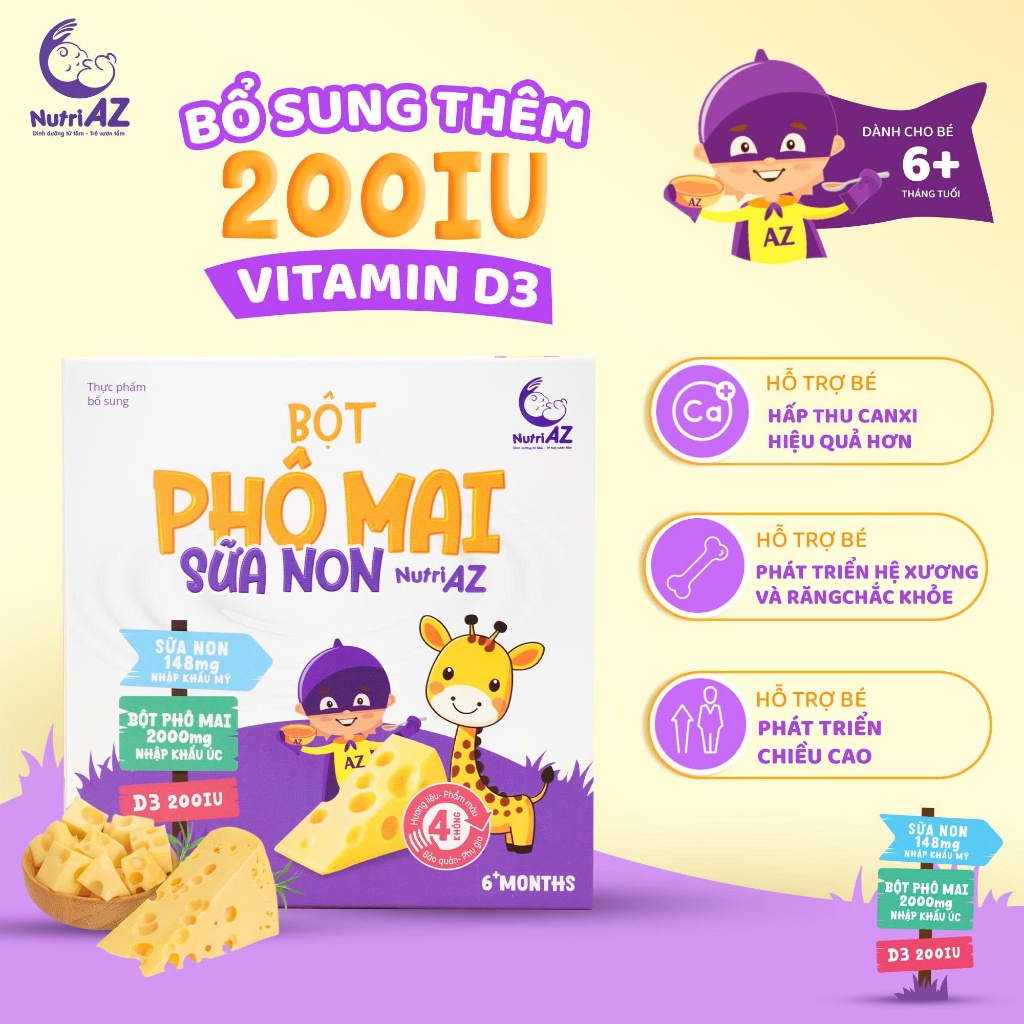 Bột Phô Mai Sữa Non NutriAZ Cho Bé Ăn Dặm Nguyên Liệu Nhập Khẩu Hỗ Trợ Phát Triển Chiều Cao Cho Bé Từ 6 Tháng Tuổi