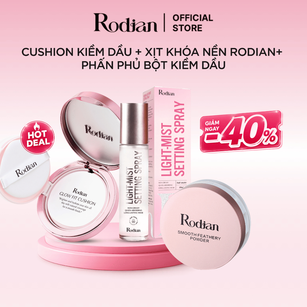 [Giảm 40%] Combo Cushion Kiềm Dầu Chống Nắng Rodian SPF50+ 12g, Xịt Khóa Nền, Phấn Phủ Bột