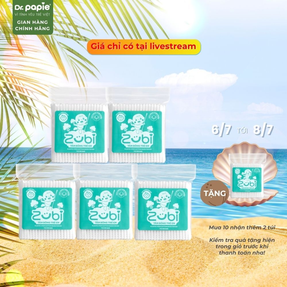 Tăm Bông Trẻ Em Zubi 2 Đầu Xoắn - Tròn 100% Bông Thiên Nhiên Mềm Mại Vệ Sinh Tai Mũi Rốn Dr.Papie (100c/Túi)