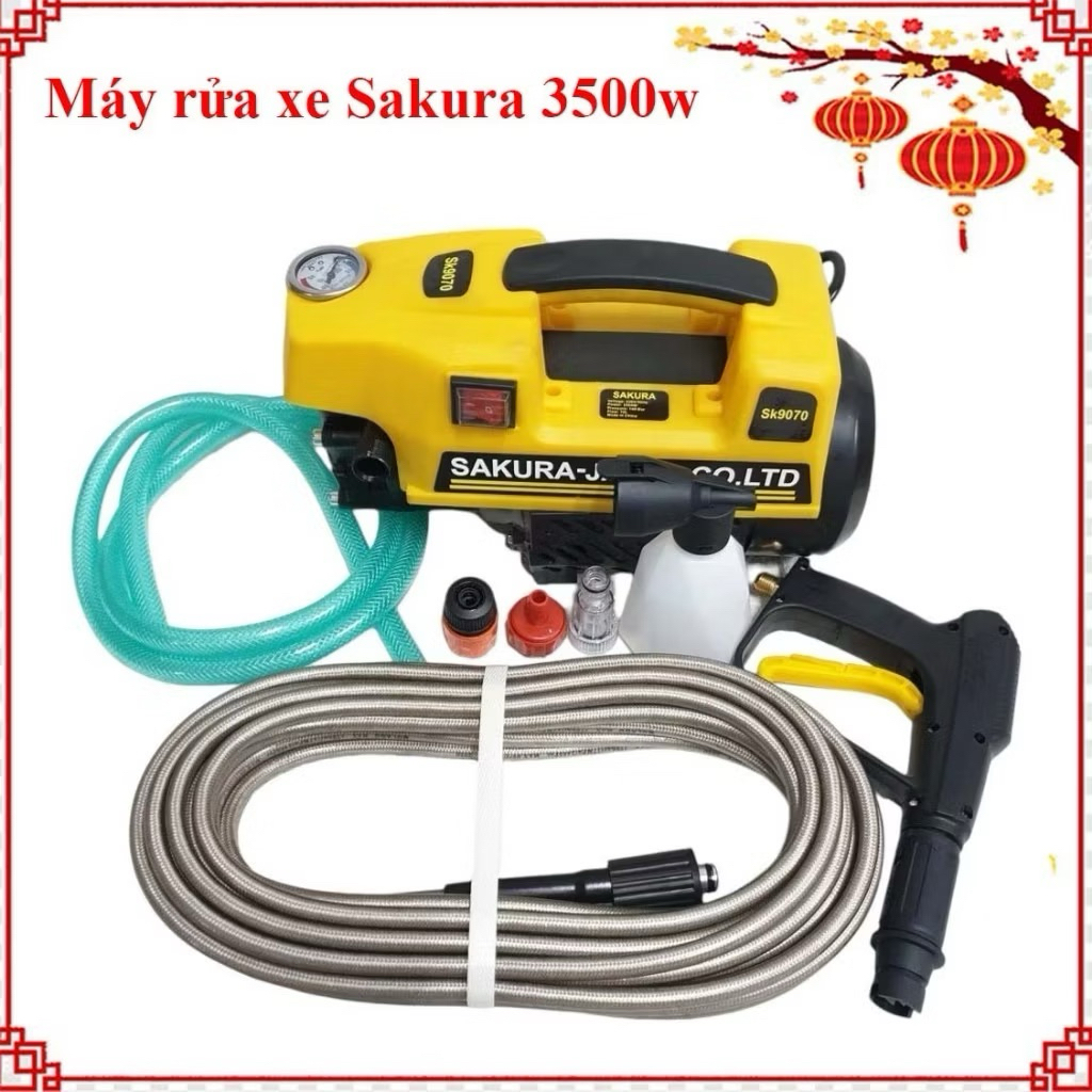 Máy rửa xe Sakura 3500W - Lõi đồng 100% máy công xuất lớn - rửa xe gia đình bình bọt tuyết