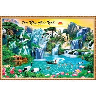 Tranh sơn thủy 3D thác nước phong cảnh rừng cây, tranh dán tường treo phòng khách phong thủy cao cấp