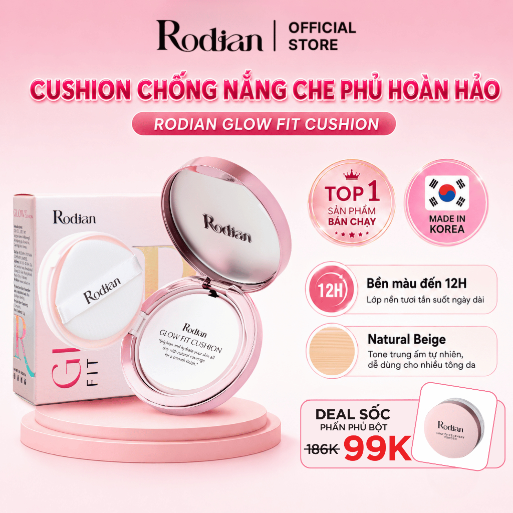Cushion Chống Nắng Rodian Glow Fit SPF50+ 12g - Phấn Nước Che Phủ Hoàn Hảo Bền Màu Đến 12H