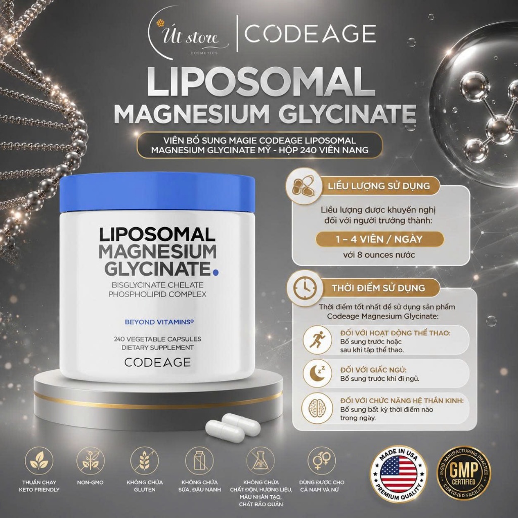 Viên bổ sung Magie Codeage Liposomal Magnesium Glycinate Mỹ - Hộp 240 viên nang