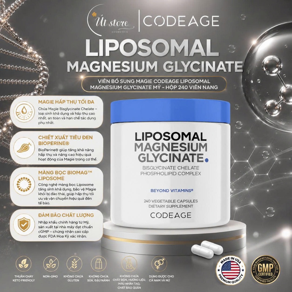 Viên bổ sung Magie Codeage Liposomal Magnesium Glycinate Mỹ - Hộp 240 viên nang