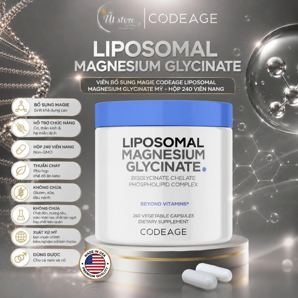 Viên bổ sung Magie Codeage Liposomal Magnesium Glycinate Mỹ - Hộp 240 viên nang