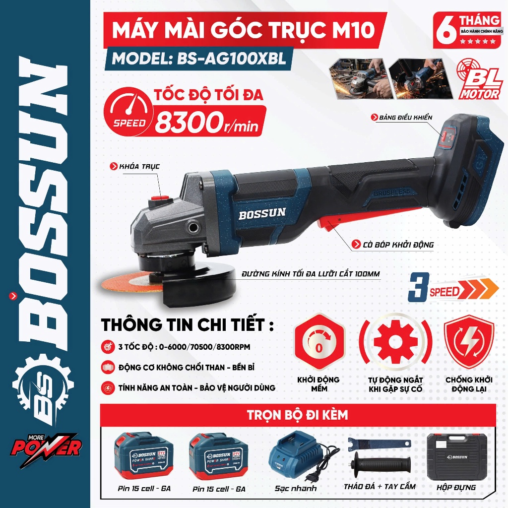 Máy Cắt Mài Pin Không Chổi Than BS BOSSUN BS-AG100XBL - 3 Tốc Độ 10.000v/p - Chống Sốc Đá