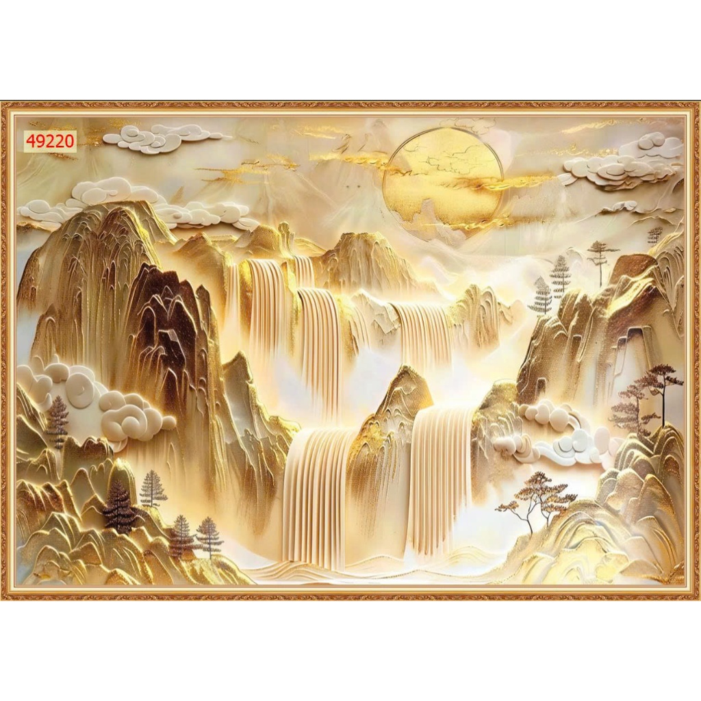 Tranh thủy mặc phong cảnh hoa đào đỏ, tranh lụa 3D dán tường