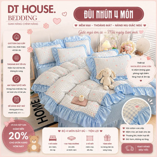 [Màu Mới] Bộ Chăn Ga Gối Cotton Đũi Hoa Nhí Phối Bèo Nhún Phong Cách Vintage Hàn Quốc, Set Chăn Ga Gối Đệm 4 Món Cao Cấp