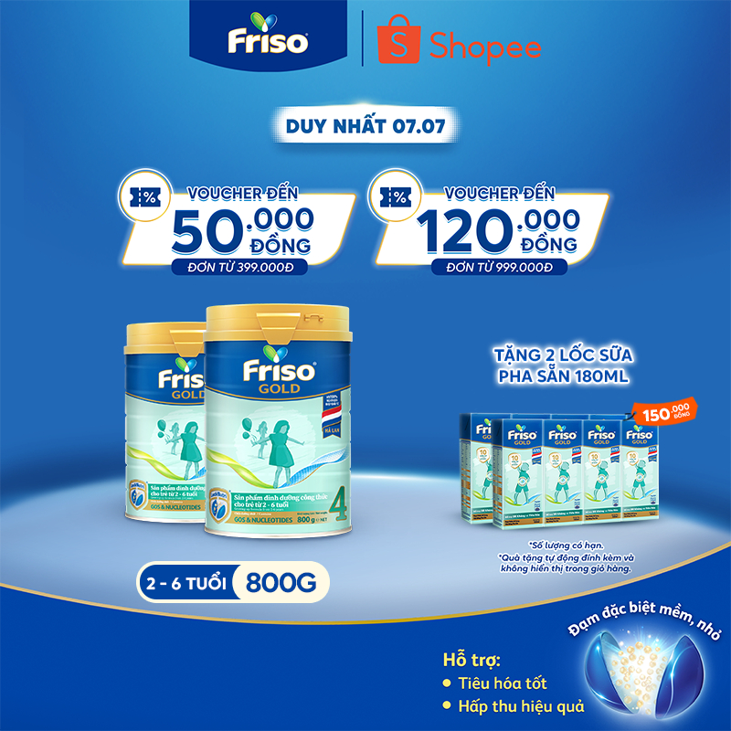 [Tặng 2 lốc RTD 180ml] Combo 2 Lon Sữa Bột Friso Gold 4 800G/850G (cho trẻ từ 2-6 tuổi)