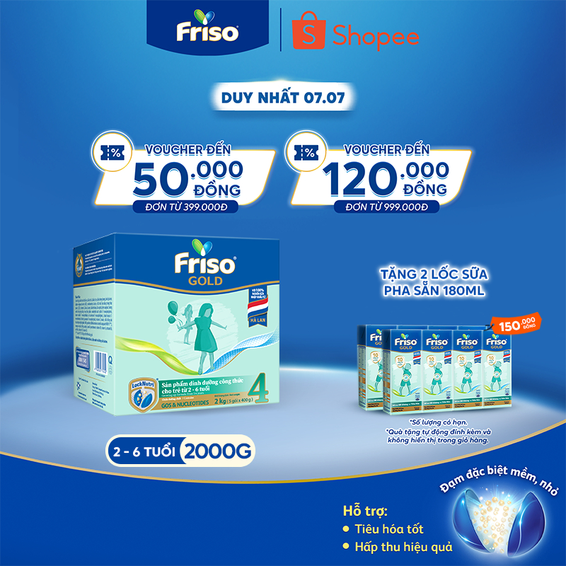 [Tặng 2 lốc sữa pha sẵn RTD 180ml] Sữa Bột Friso Gold 4 Hộp Giấy 2kg (Dành Cho Trẻ Từ 2 - 6 Tuổi)