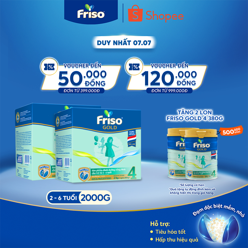 [Tặng 2 Lon Friso Gold 4 380G] Combo 2 Hộp Sữa Bột Friso Gold 4 Hộp Giấy 2KG
