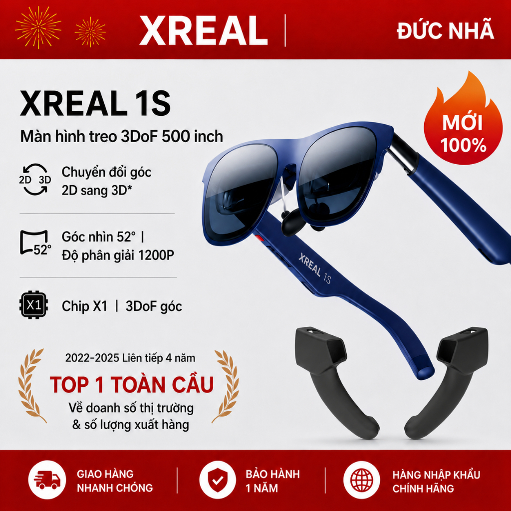 KÍNH AR XREAL 1S – CHIP X1 | 3DoF | 2D → 3D | 120Hz | độ phân giải 1200p | 700 nits | BH 1 năm