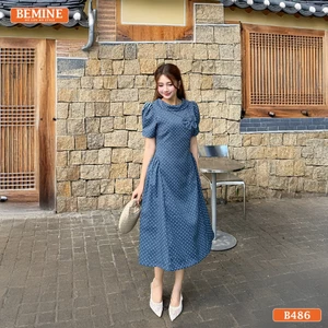 Đầm thiết kế BEMINE cổ trụ hoạ tiết chấm bi dáng chữ A phù hợp đi làm-B486