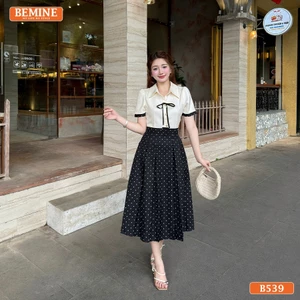 Đầm thiết kế BEMINE cổ sơ mi phối nơ in bi dáng dài phù hợp đi làm-B539