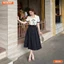 Đầm thiết kế BEMINE cổ sơ mi phối nơ in bi dáng dài phù hợp đi làm-B539