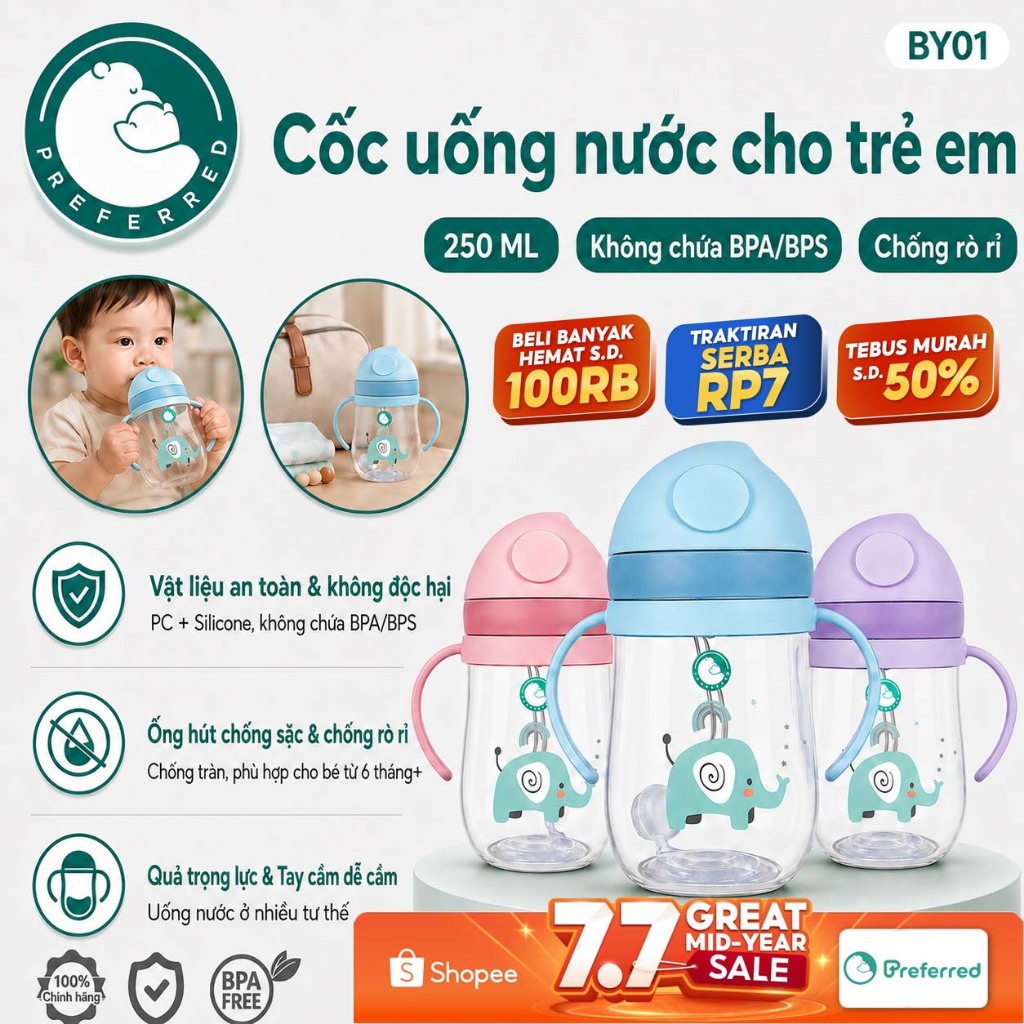 Preferred Cốc ăn dặm cho bé, chống rò rỉ, bình tập uống di động cho trẻ BY01
