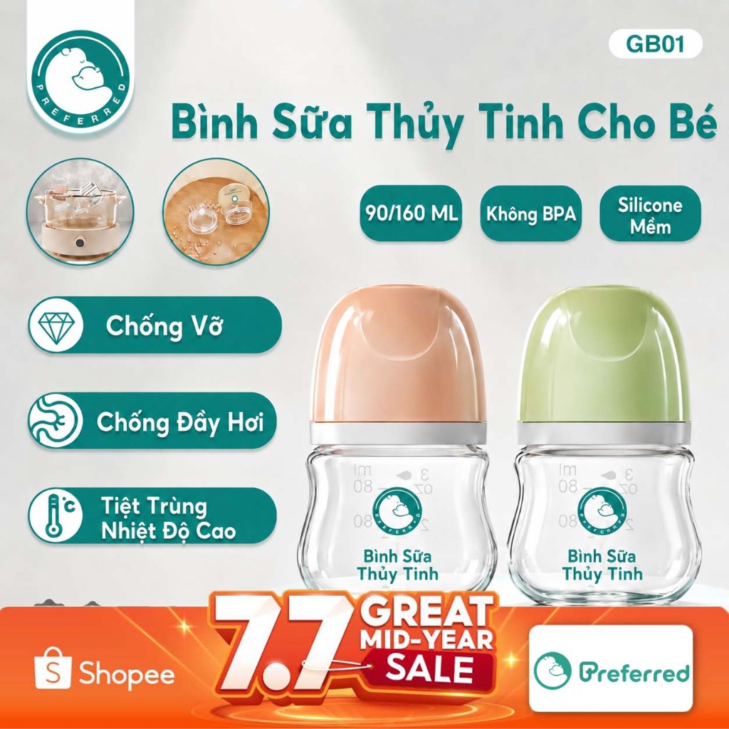 Preferred GB01 Bình Sữa Cho Bé Sơ Sinh 90ml Thủy Tinh Chống Đầy Hơi BPA Free Núm Ty Silicone Mềm Cổ Rộng